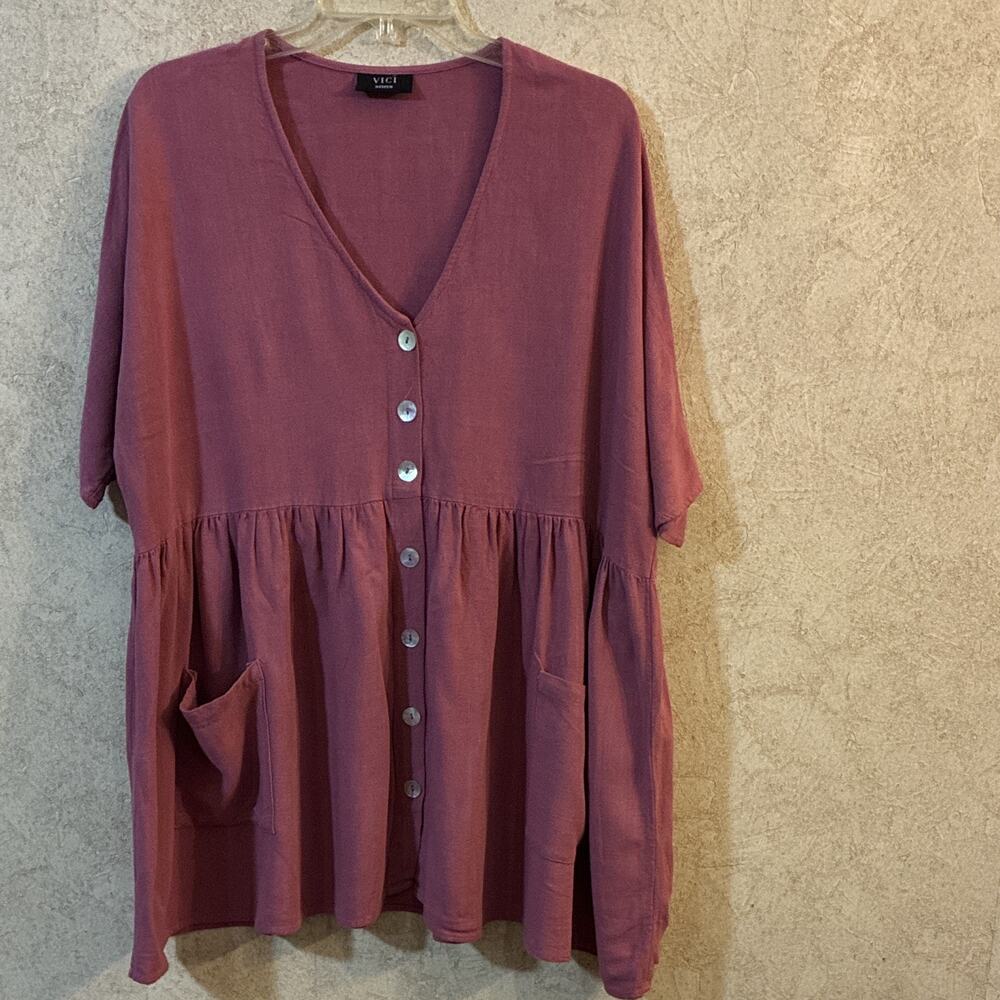 VICI Mauve Pink Button Down Babydoll Peplum Top V Neck Pockets Short Sleeve Sz M
